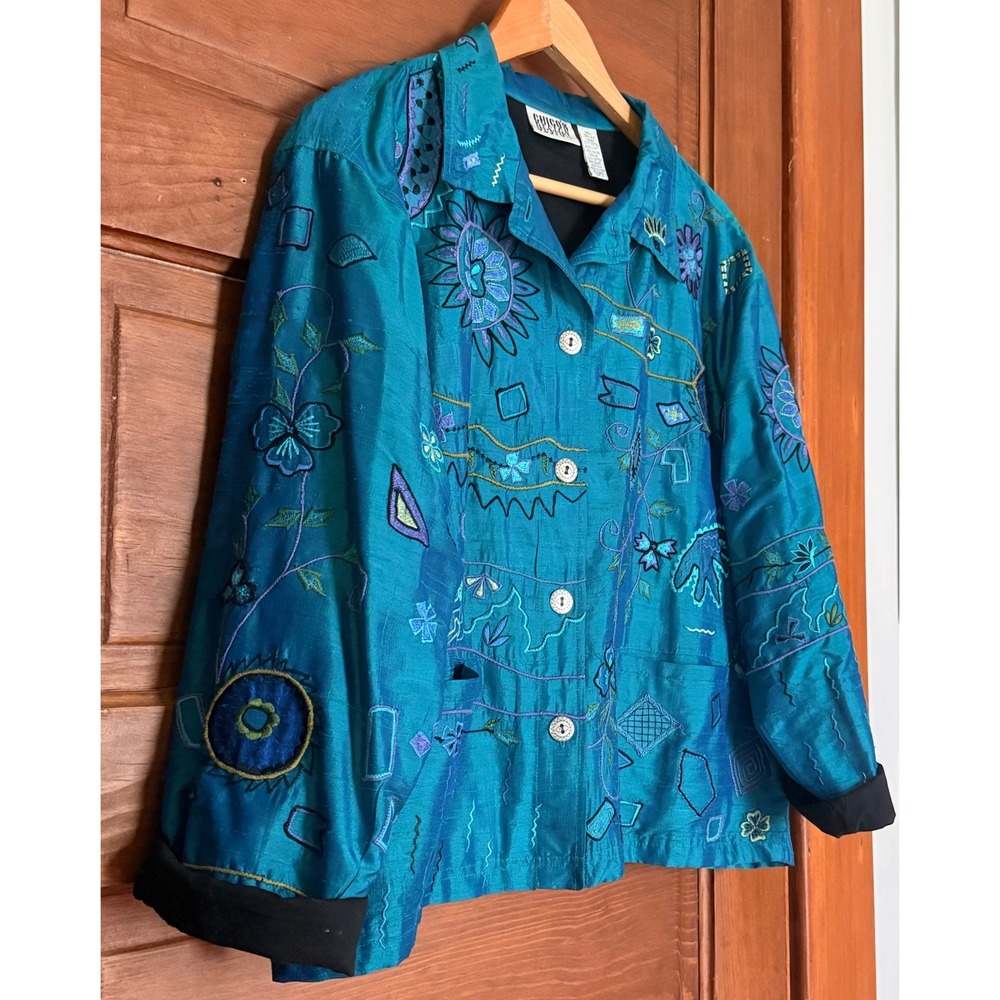 Chicos Design Teal Silk Embroidered Jacket Applique Floral Boho Art to Wear Sz 3